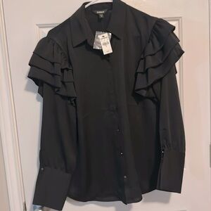 Long Sleeve Black Ruffle Shoulder Express Shirt Top